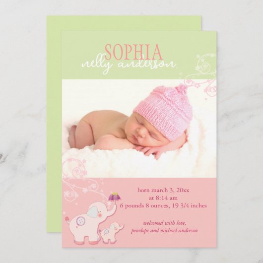 Pink Elephant Baby Girl Foto Birth Ankündigung (Vorne/Hinten)