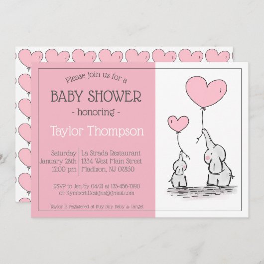 Pink Elephant Babyballon Dusche Einladung (Vorne/Hinten)