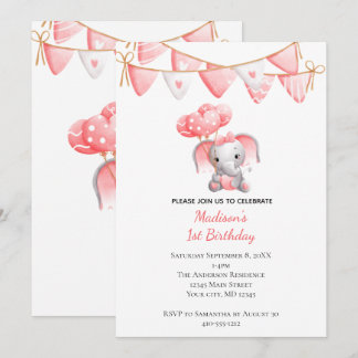 Pink Elephant Balloons Baby Girl Geburtstag Einladung