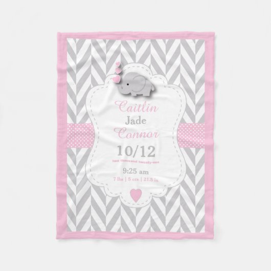 Pink Elephant Birth Keepake Design Fleecedecke (Vorderseite)