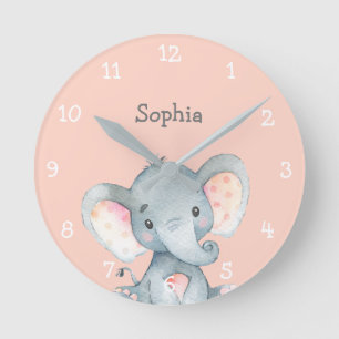 Pink Elephant Cute Baby Girl Name Personalized Runde Wanduhr