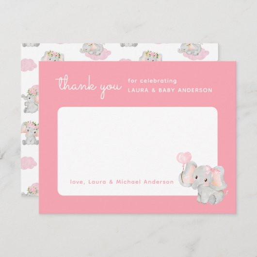 Pink Elephant Danke-Card für die Kinderdusche Dankeskarte (Vorne/Hinten)