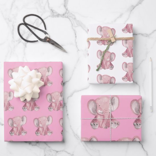 Pink Elephant Design Wrapping Paper Geschenkpapier Set (Vorderseite)