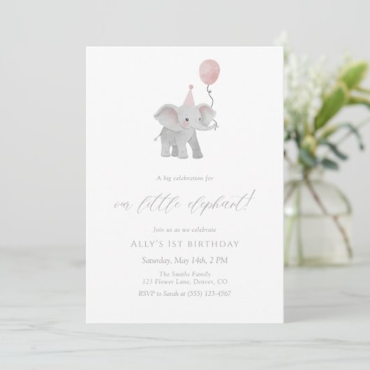 Pink Elephant First Birthday Invitation Watercolor Einladung (Stehend Vorderseite)