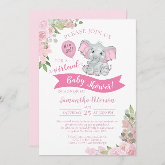 Pink Elephant & Floral Virtual Baby Girl Dusche Einladung (Vorne/Hinten)