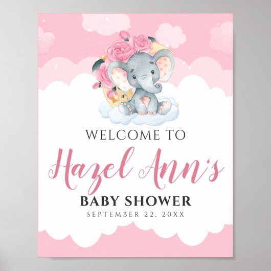 Pink Elephant Girl Baby Dusche Begrüßungszeichen Poster (Vorne)