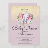 Pink Elephant Girl Baby Dusche Imitate Gold Glitze Einladung (Vorne/Hinten)