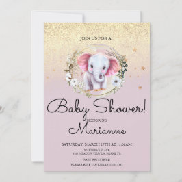 Pink Elephant Girl Baby Dusche Imitate Gold Glitze Einladung