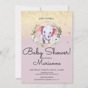 Pink Elephant Girl Baby Dusche Imitate Gold Glitze Einladung