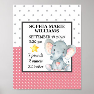 Pink Elephant Girl Birthday Stats Personalisiert Poster