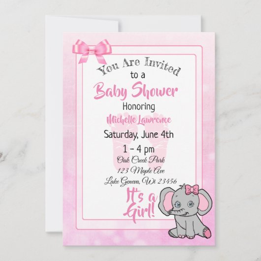 Pink Elephant Girl's Baby Shower Einladung (Vorderseite)