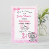 Pink Elephant Girl's Baby Shower Einladung (Stehend Vorderseite)