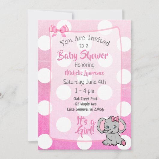 Pink Elephant Girl's Baby Shower Einladung (Vorderseite)