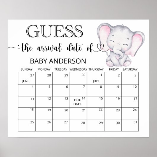 Pink Elephant Guess Due Date Calendar Poster (Vorne)