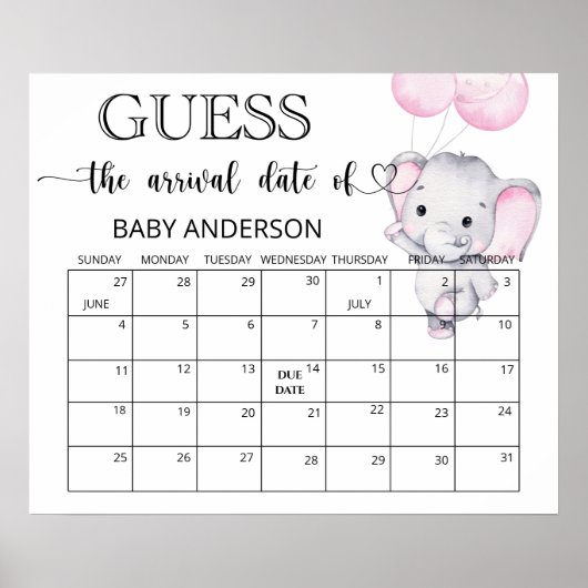 Pink Elephant Guess Due Date Calendar Poster (Vorne)