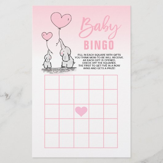 Pink Elephant Heart Girl Baby Dusche BINGO Karten (Vorne)