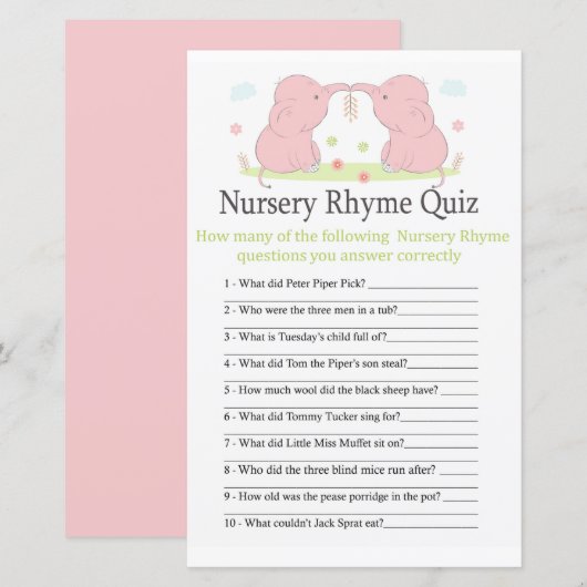 Pink Elephant Kinderzimmer Rhyme Quiz Babydusche (Vorne/Hinten)