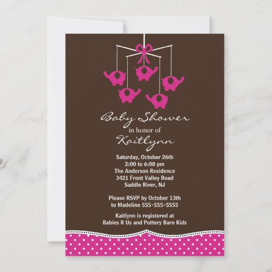 Pink Elephant Mobile Baby Shower Invitation Einladung (Vorderseite)