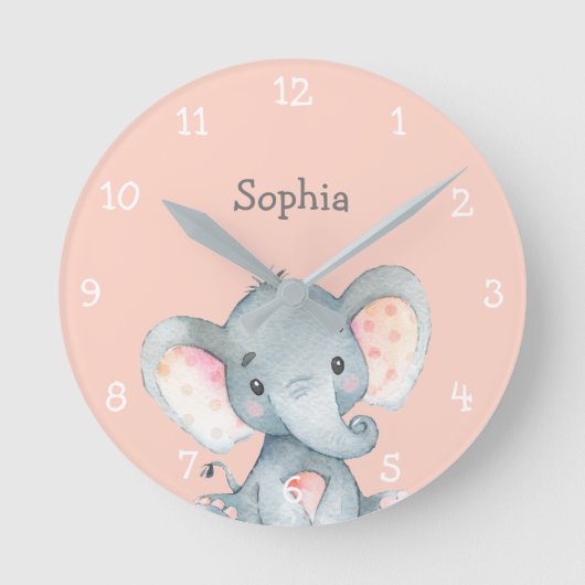 Pink Elephant Niedlich Baby Girl Name Personalisie Runde Wanduhr (Vorderseite)