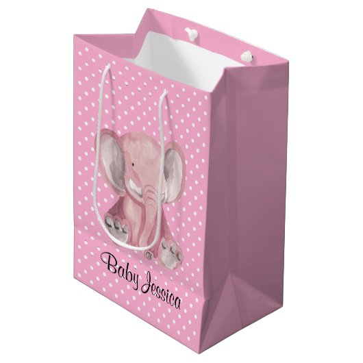 Pink Elephant Polka Dot Design Geschenktasche Mittlere Geschenktüte (Vorderseite Schrägansicht)