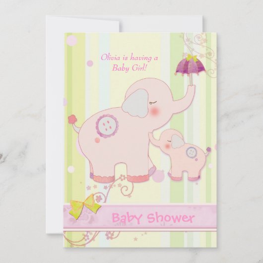 Pink Elephant Umbrella Girl Dusche Einladung (Vorderseite)