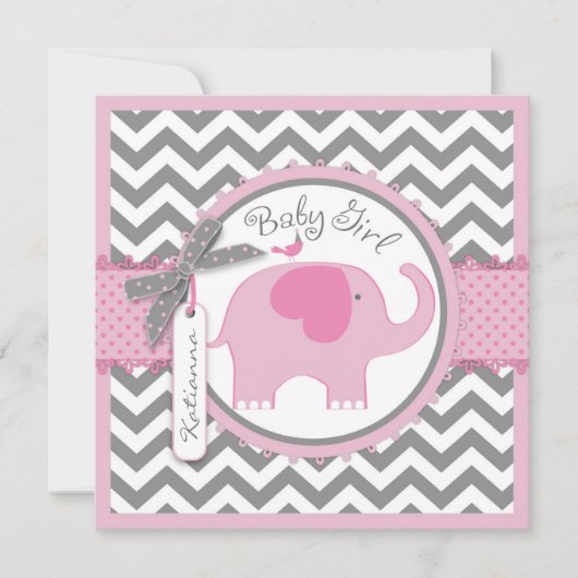 Pink Elephant und Zickzack Print Baby Dusche Einladung (Vorderseite)