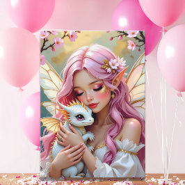 Pink Elven Fairy & White Dragon | Happy Birthday Karte