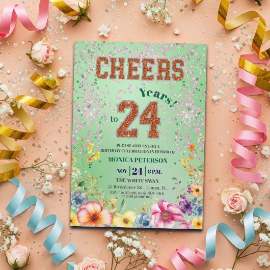 Pink Emerald Glitter Floral 24th Birthday Party Einladung