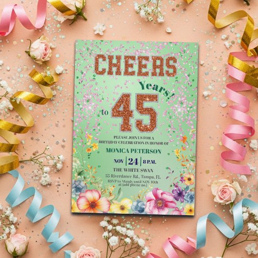 Pink Emerald Glitter Floral 45th Birthday Party Einladung