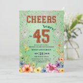 Pink Emerald Glitter Floral 45th Birthday Party Einladung (Stehend Vorderseite)