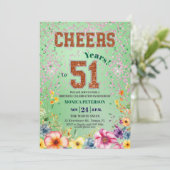 Pink Emerald Glitter Floral 51st Birthday Party Einladung (Stehend Vorderseite)