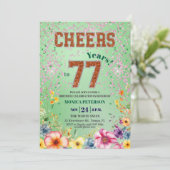 Pink Emerald Glitter Floral 77th Birthday Party Einladung (Stehend Vorderseite)