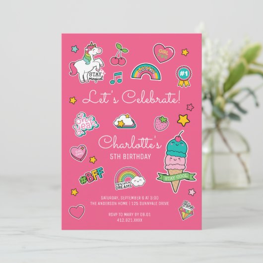 Pink Emoji Birthday Unicorn Girl Einladung (Stehend Vorderseite)