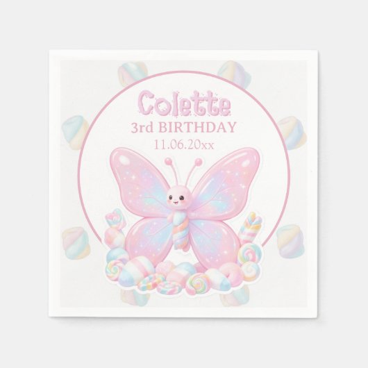 Pink Erdbeer Schmetterling Geburtstag Serviette (Vorderseite)