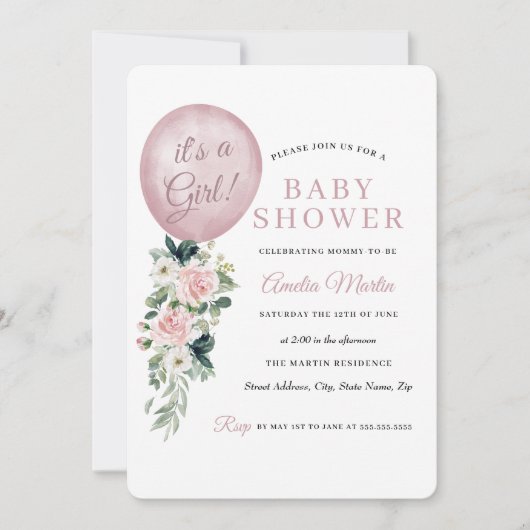 Pink Es ist eine Babydusche der Girl Balloon Einladung (Vorderseite)