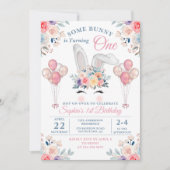 Pink etwas Bunny Floral Balloon Girl Erster Geburt Einladung (Vorderseite)