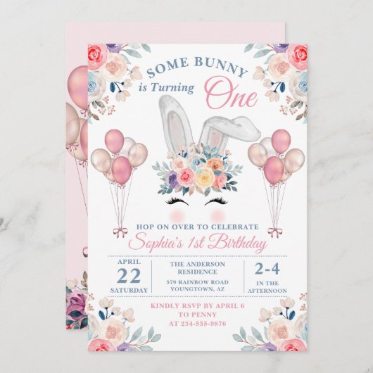Pink etwas Bunny Floral Balloon Girl Erster Geburt Einladung (Vorne/Hinten)