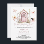 Pink Fairies Double Birthday Bash Kids Einladung<br><div class="desc">Elegante rosa Blumengartentor Aquarellbild. Kinder im Frühjahr und Herbst zweifacher Geburtstagsparty. Frühling oder Sommer</div>