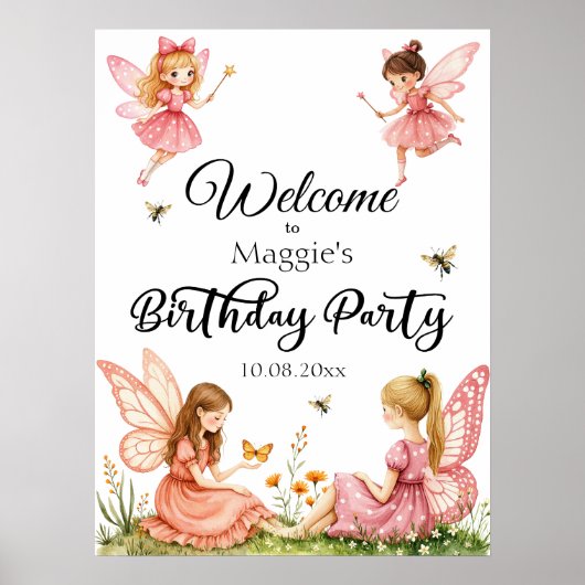 Pink Fairies Woodland Geburtstagsfeier Willkommen Poster (Vorne)