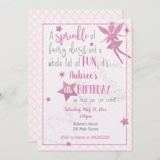 Pink Fairy Birthday Einladung (Vorne/Hinten)