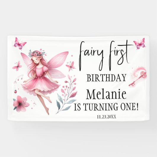 Pink Fairy Butterfells Magic Wand Erster Geburtsta Banner (Horizontal)