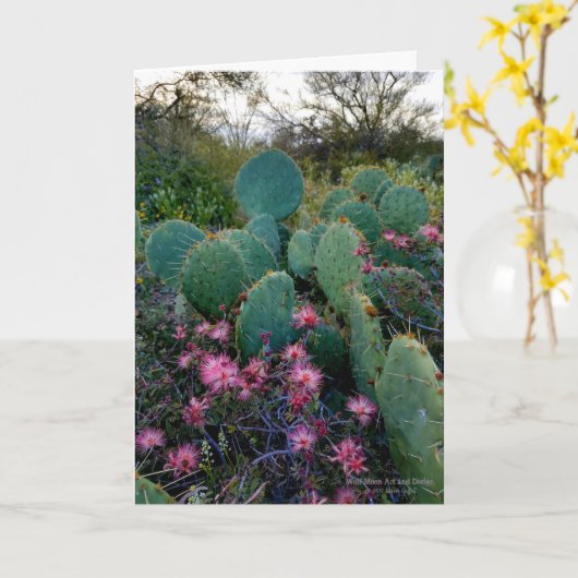Pink Fairy Duster Blume & Prickly Pear Cactus Karte (Gelbe Blume)