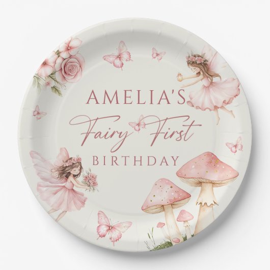 Pink Fairy First Birthday Party Paper Plates Pappteller (Vorderseite)