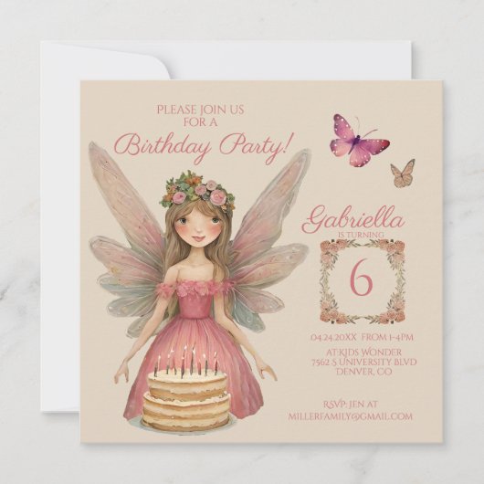 Pink Fairy Girls Geburtstag Einladung (Vorderseite)