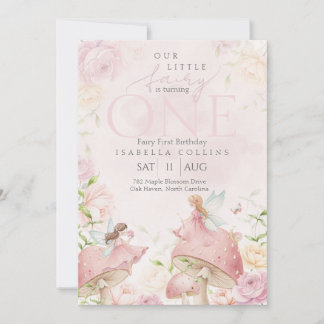 Pink Fairy Mushroom Floral Garden 1st Birthday Einladung