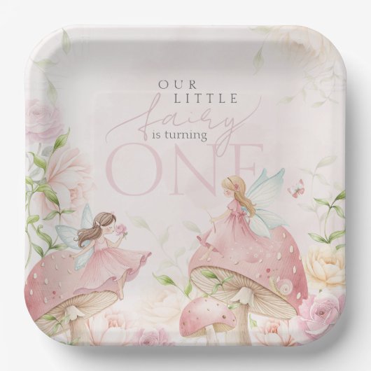 Pink Fairy Mushroom Floral Garden 1st Birthday Pappteller (Vorderseite)