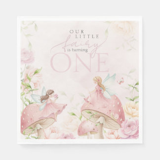 Pink Fairy Mushroom Floral Garden 1st Birthday Serviette
