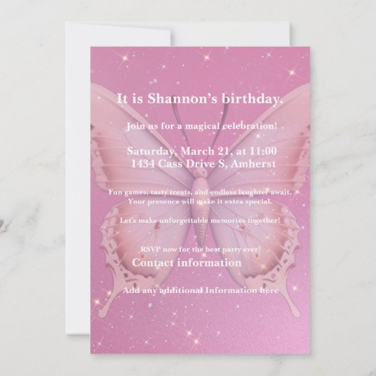 Pink Fairy Party Einladung (Rückseite)