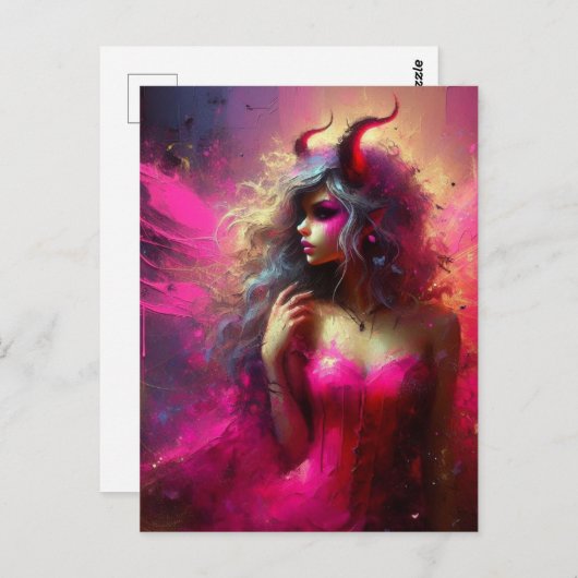 Pink Fairy with Horns Fantasy Art Postkarte (Vorne/Hinten)