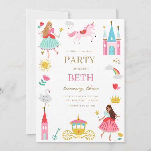 Pink Fairytale Princess Girl Birthday Einladung (Vorderseite)